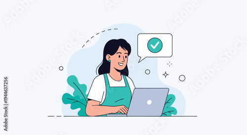 Happy female worker in apron smiles while using laptop with green check mark symbol in speech bubble above her.