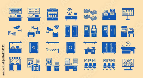 Banking and Finance Icons: Cashier, Safe, ATM, Security, Office Equipment
