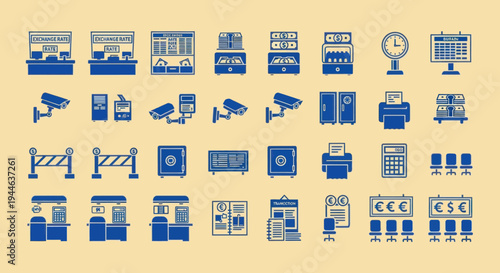 Banking and Finance Icons Set: ATMs, Safes, CCTV, Counters, Currency Exchange