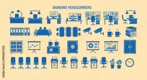 Banking Headquarters Icons: Office, Finance, Security, and Technology Elements