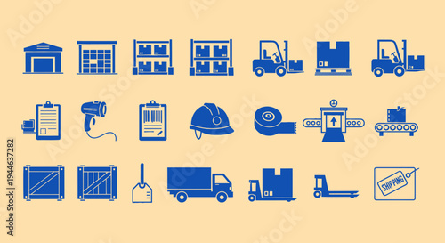 Warehouse and Logistics Icons: Shipping, Delivery, Forklift, Boxes, Trucks