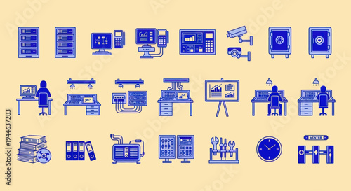 Office Technology and Security Icons: Computers, Servers, Safes, Surveillance