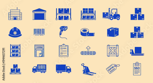 Logistics and Supply Chain Icons: Warehouse, Delivery, Shipping, Forklift, Cargo