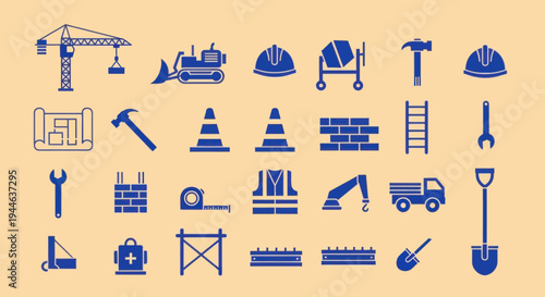 Construction Icons Set - Building Industry Tools and Equipment Flat Design
