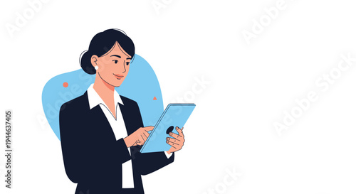 Elegant businesswoman in formal black suit and white shirt interacts with a digital tablet while standing calmly in workspace.