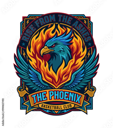 Vibrant phoenix T-shirt design emblem symbolizing rebirth and resilience with flames wings and blue feathers representing  suitable for sports themed branding or designs T-shirt Design