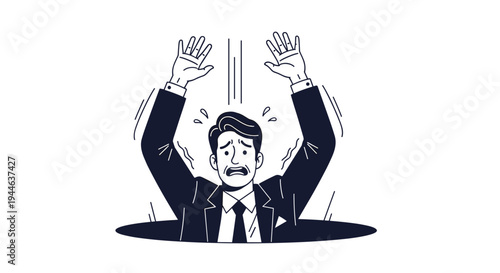 Stressed businessman in suit looks panicked while falling down into deep black hole representing business failure.