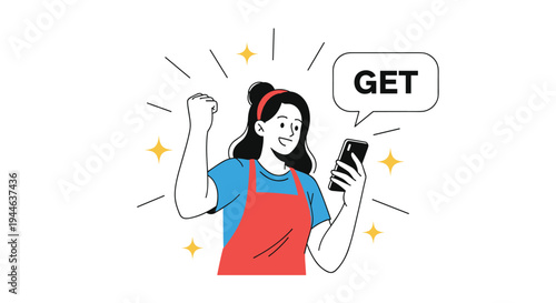 Excited woman wearing apron raises her fist in victory while looking at smartphone with GET speech bubble above.