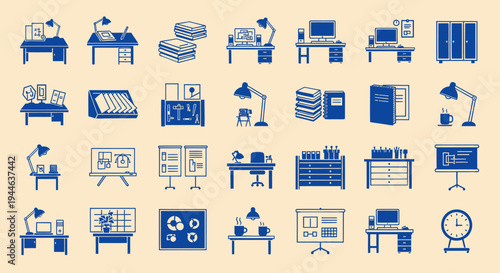 Office Workspace Icons: Desks, Computers, Lamps, Storage, and Presentation Boards