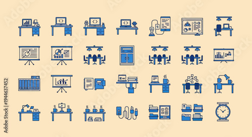 Office Workspace Icons: Desks, Computers, Meetings, and Technology