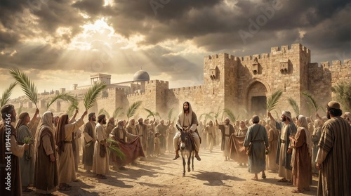 Jesus Christ riding donkey entering Jerusalem during Palm Sunday. Crowd with palm branch welcoming messiah. Biblical scene of religious entry into city. Christian holiday celebration event.