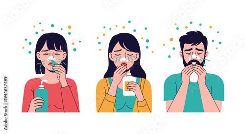 Group of people suffering from flu symptoms like runny nose and sneezing use nasal spray, tissue, and medicine.
