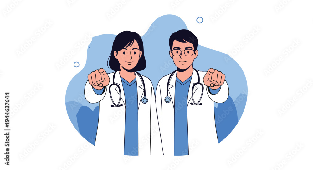 Obraz premium Team of male and female doctors in white lab coats point their fingers forward at the camera for health awareness.