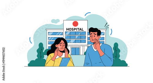 Concerned young man and woman looking anxious while standing in front of hospital building with medical reports.