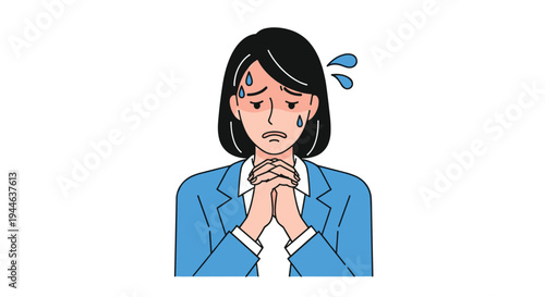 Stressed young businesswoman looking worried and sweating while holding her hands together in prayer or anxiety.