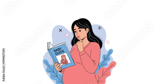 Expectant mother in pink dress looks thoughtful while reading Baby Guide book to prepare for her new child arrival.