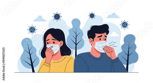 Sick man and woman wearing protective face masks cough while surrounded by airborne virus particles in public area.