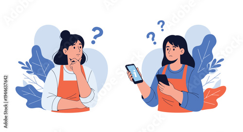 Two women in aprons look confused and puzzled while using their smartphones to find information or troubleshoot.