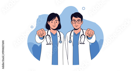 Team of male and female doctors in white lab coats point their fingers forward at the camera for health awareness.