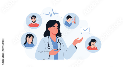 Medical professional explains different health symptoms like headache, fever, and cough to educate patients online.