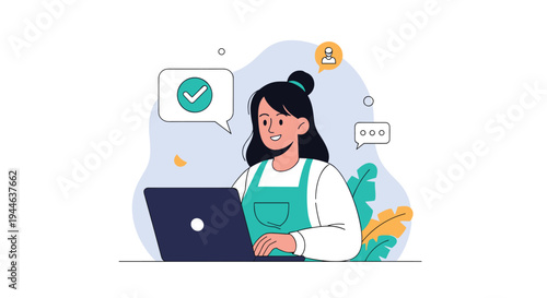 Efficient female worker in green apron uses laptop with check mark and message bubbles for online communication.