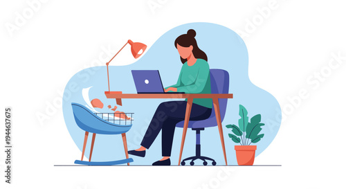 Busy mother balances work and parenting by using her laptop at desk while rocking her baby in a cradle beside her.