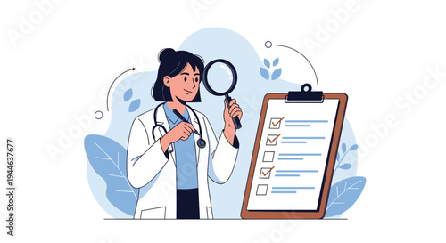 Female doctor in white lab coat uses magnifying glass to carefully inspect medical checklist on a wooden clipboard.