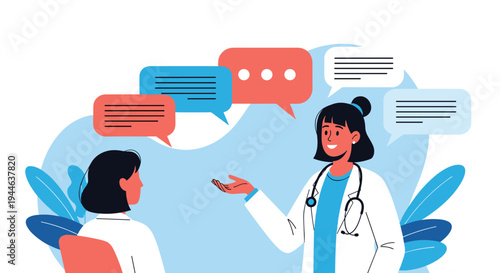 Two female medical professionals in white coats discussing patient records with multiple speech bubbles in a clinic.