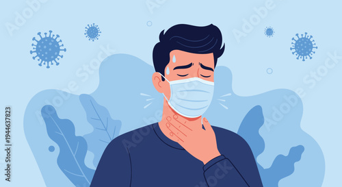 Sick man wearing a blue surgical mask and touching his throat while suffering from a viral infection or sore throat symptoms.