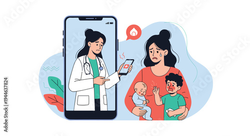 Worried mother with sick children having a remote medical consultation with a female doctor through a smartphone screen.