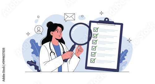Female doctor using a large magnifying glass to carefully inspect a medical checklist on a clipboard for quality control.