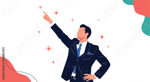 Confident businessman in a formal suit points towards a bright future or goal while surrounded by shimmering star icons.