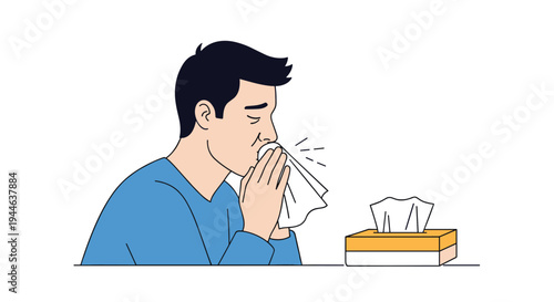 Sick man sneezes into a white tissue while sitting at a table with a yellow tissue box during a cold or flu season.