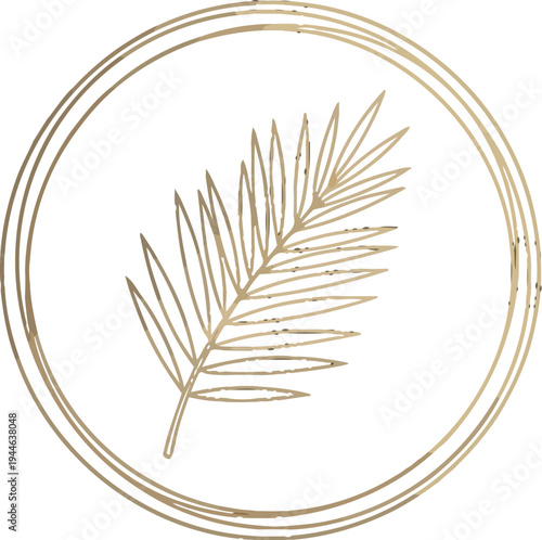 Elegant golden line art illustration of a palm frond centered within nested circular frames against a dark background