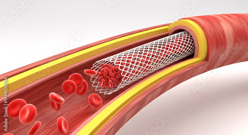 Detailed view of a blood vessel with a stent trapping red blood cells and a forming clot