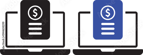 Digital Financial Transactions: Depicting modern financial transactions with two stylized laptop screens, each displaying a document featuring a dollar symbol.