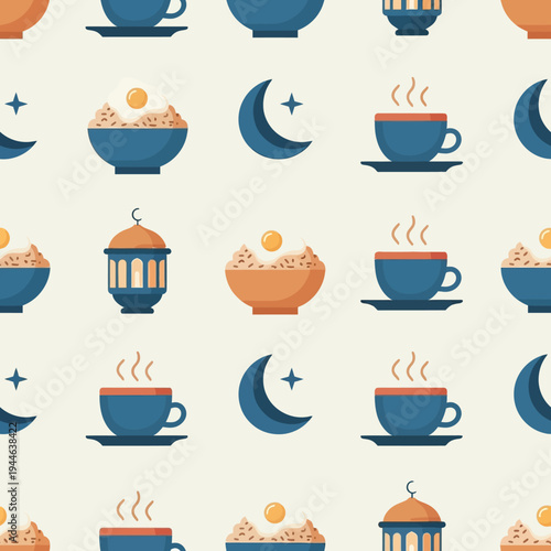 Seamless pattern featuring Ramadan and Eid al-Fitr elements like food bowls, steaming cups, crescent moons, and lanterns on a light background.