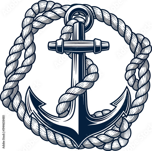 Vintage nautical anchor illustration intricately wrapped with thick braided rope suggesting maritime adventure and stability isolated on white