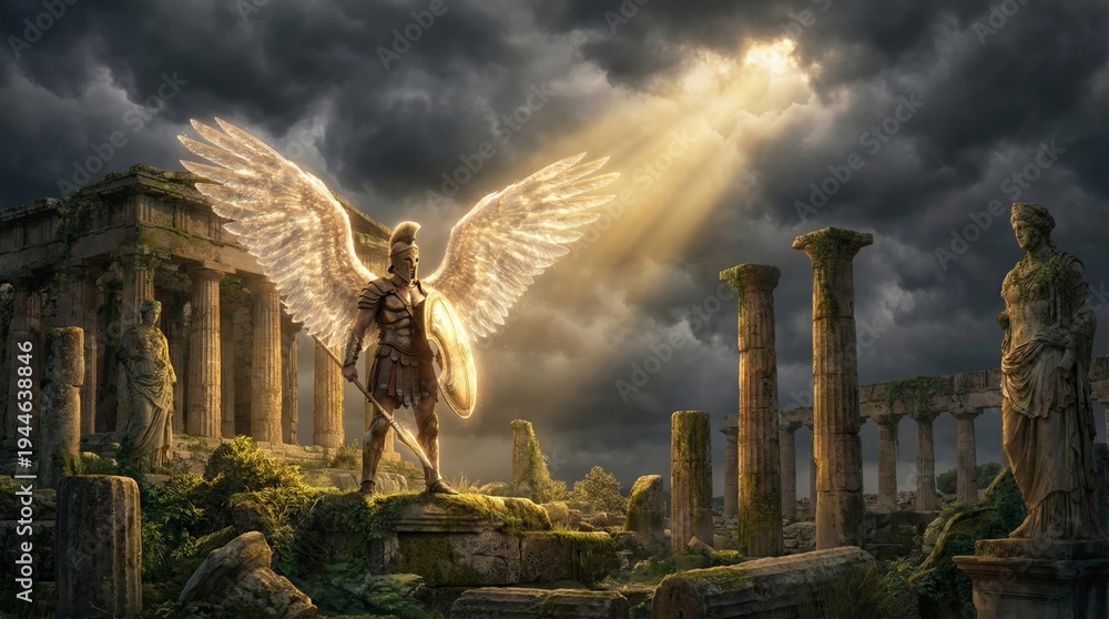 Obraz premium Archangel Michael standing with armor and wings in ancient temple ruins. Warrior angel holding spear and shield under divine light. Spiritual religious scene of heavenly protector art.