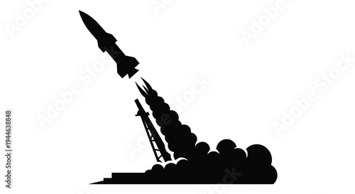 Silhouetted rocket launching with fiery exhaust trail against a white background