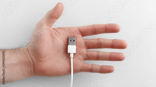 Hand holding usb cable against white background for technology concept