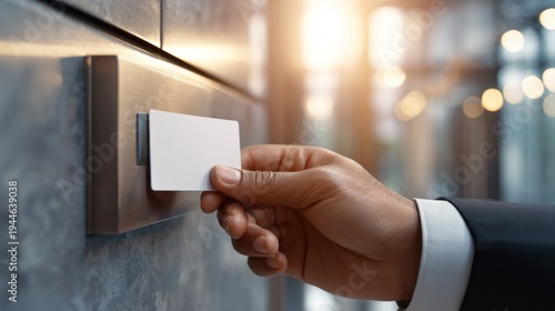 Person using access card reader in modern office setting security concept