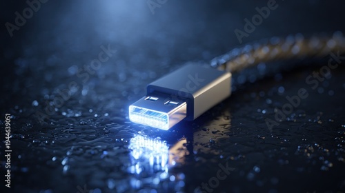 Usb cable close up illuminated connector reflecting light on dark surface