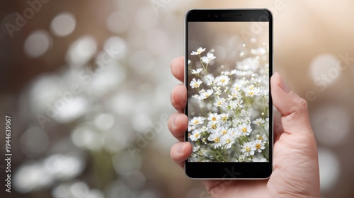 Smartphone displays white flowers with bokeh background digital image concept