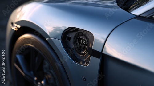 Close up of electric vehicle charging port detail with metallic finish