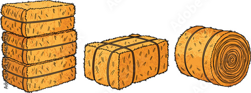 Hay Bales Stack and Roll, Hay Storage and Farm Harvest Illustration, Yellow Straw Bales for Agriculture and Rural Use