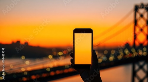 Smartphone displays sunset over bridge capturing scenic orange and silhouette
