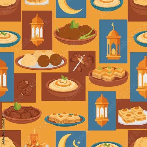 Seamless pattern of traditional Middle Eastern and Islamic food dishes with lanterns and crescent moons, perfect for Ramadan or Eid celebrations.