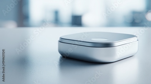 Modern electronic device on reflective surface blurred background copy space