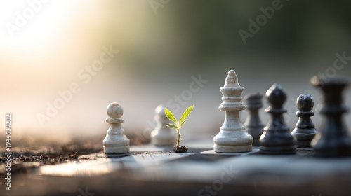 Chess pieces with plant growing on board symbolizing growth and strategy